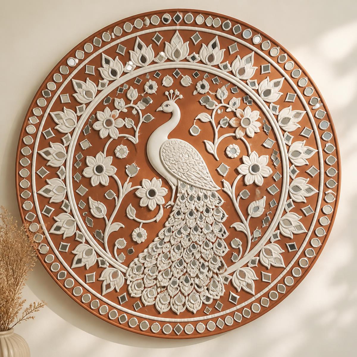 Morning Raga — 24-Inch Imperial Peacock Panel — handmade clay relief, hand-cut mirror, natural pigment on board by Rachna Saxena