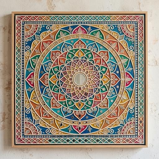 Ananta — 18x18-Inch Concentric Geometric Panel — handmade fine clay relief and mirror patterns on charcoal base by Rachna Saxena