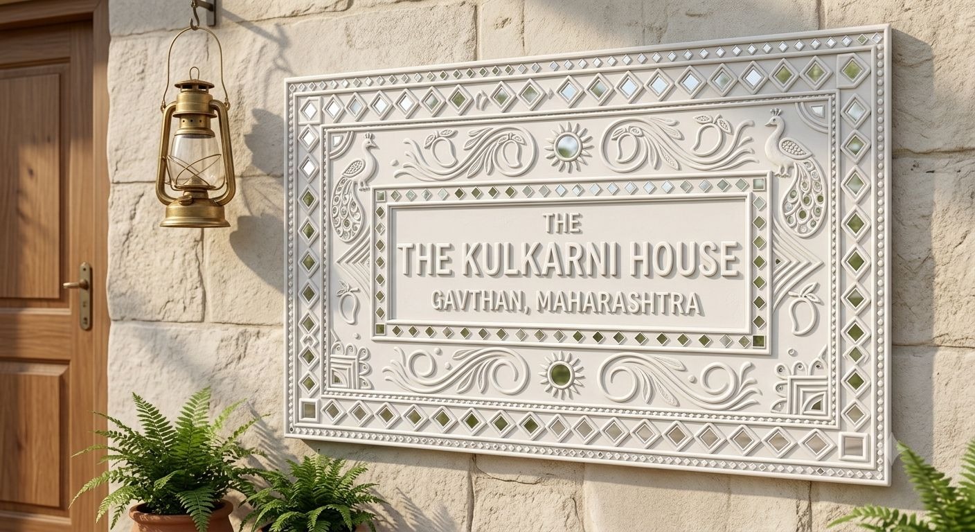 Rajgharana — Bespoke Heritage Villa Nameplate (3x2 ft) — handmade custom lippan clay relief, mirrors, brass lettering & weather-sealed teak by Rachna Saxena