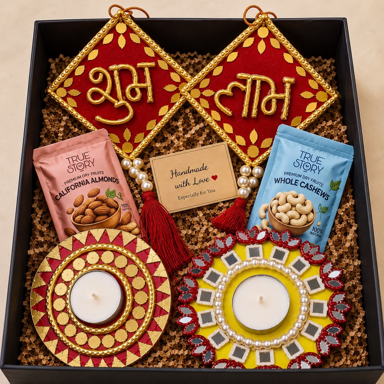 Deepavali Deluxe — Hand-Cut Mirror Gift Hamper — handmade pair of shubh labh plaques, 200g premium dry fruits & 2 handcrafted lippan tealight holders with candles in luxury gift box by Rachna Saxena