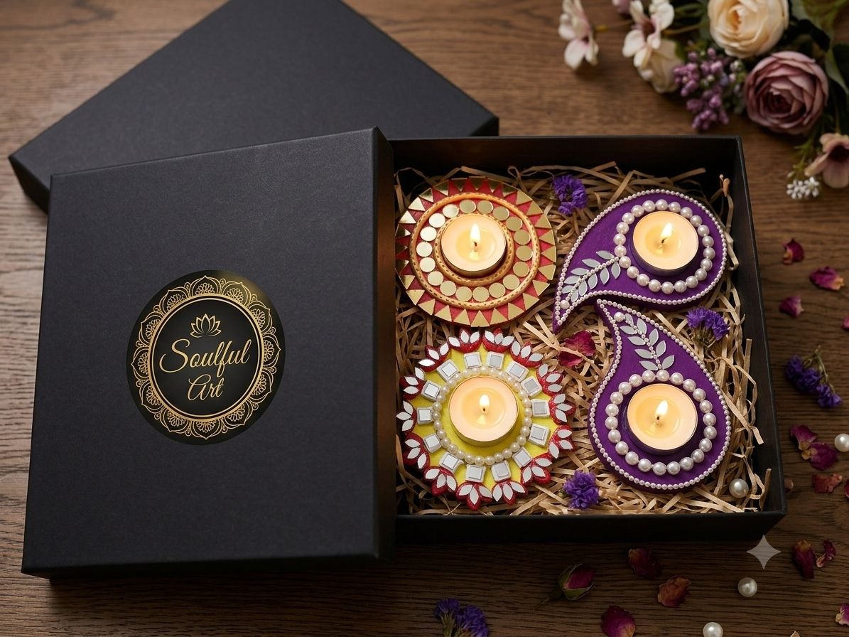 Deepa Jyoti — Handcrafted Diya Combo Gift Hamper — handmade set of 4 handcrafted festive lippan tealight holders (2 circular medallions + 2 paisley designs) in luxury gift box by Rachna Saxena