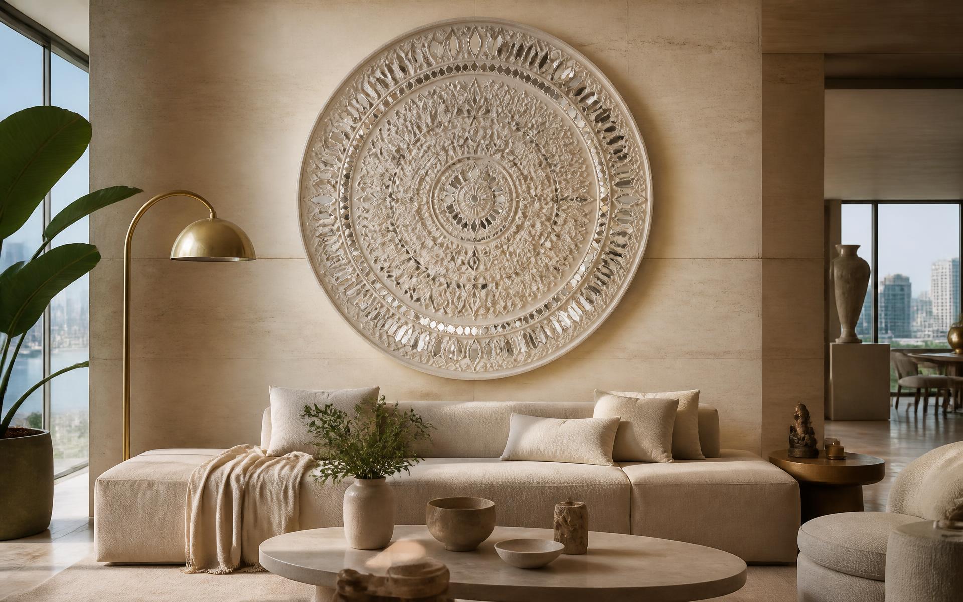 Large circular Lippan mirror-work artwork by Rachna Saxena in a luxury Mumbai living room