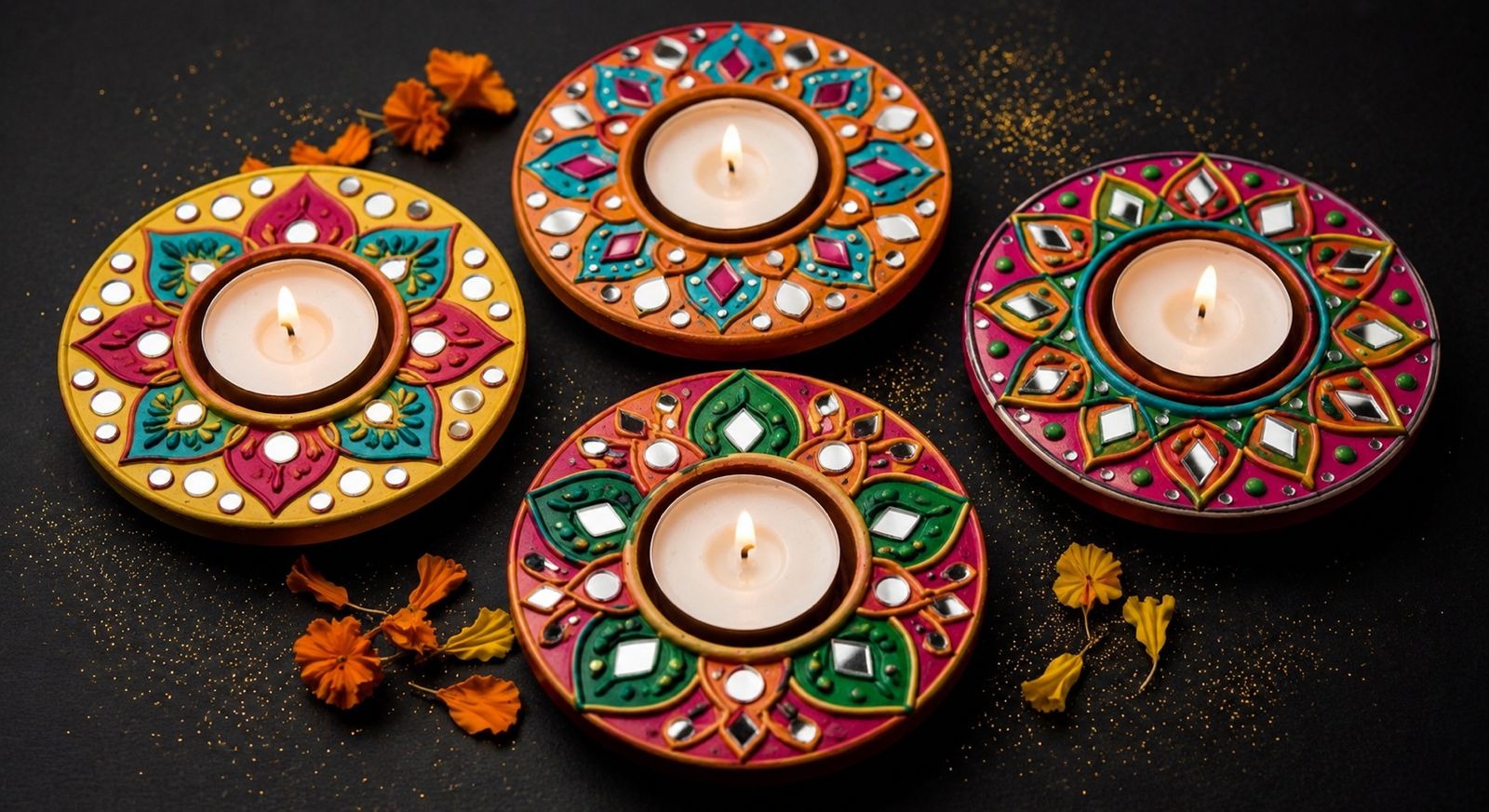 Deepavali Diya Platter — Intricate Mirror Plate Set of 4 — handmade set of 4 decorative wooden plates (3-inch diameter each) with concentric clay and mirror work by Rachna Saxena