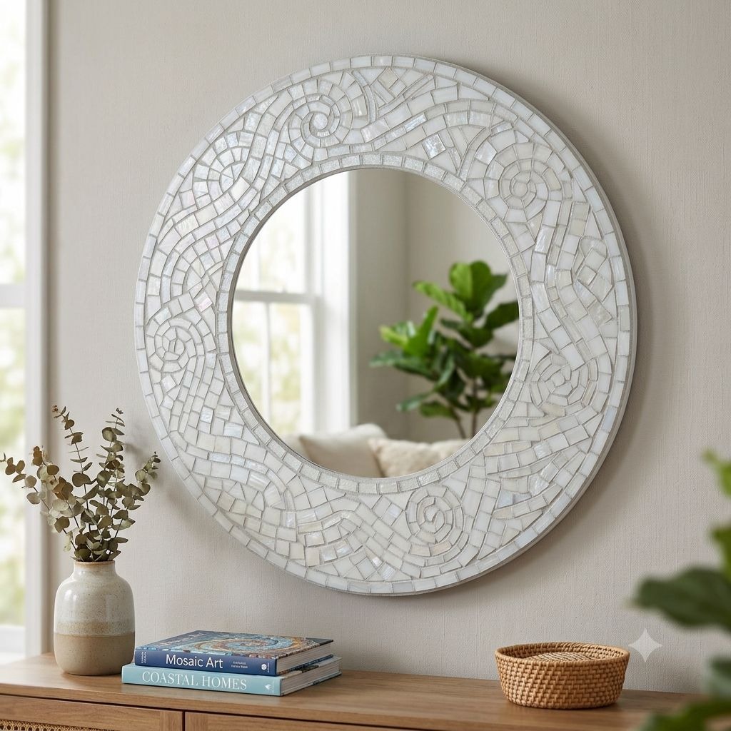 Aaina — 18-Inch Handcrafted Mosaic Wall Mirror — handmade hand-cut glass mosaic tiles, beveled mirror centerpiece on solid base by Rachna Saxena