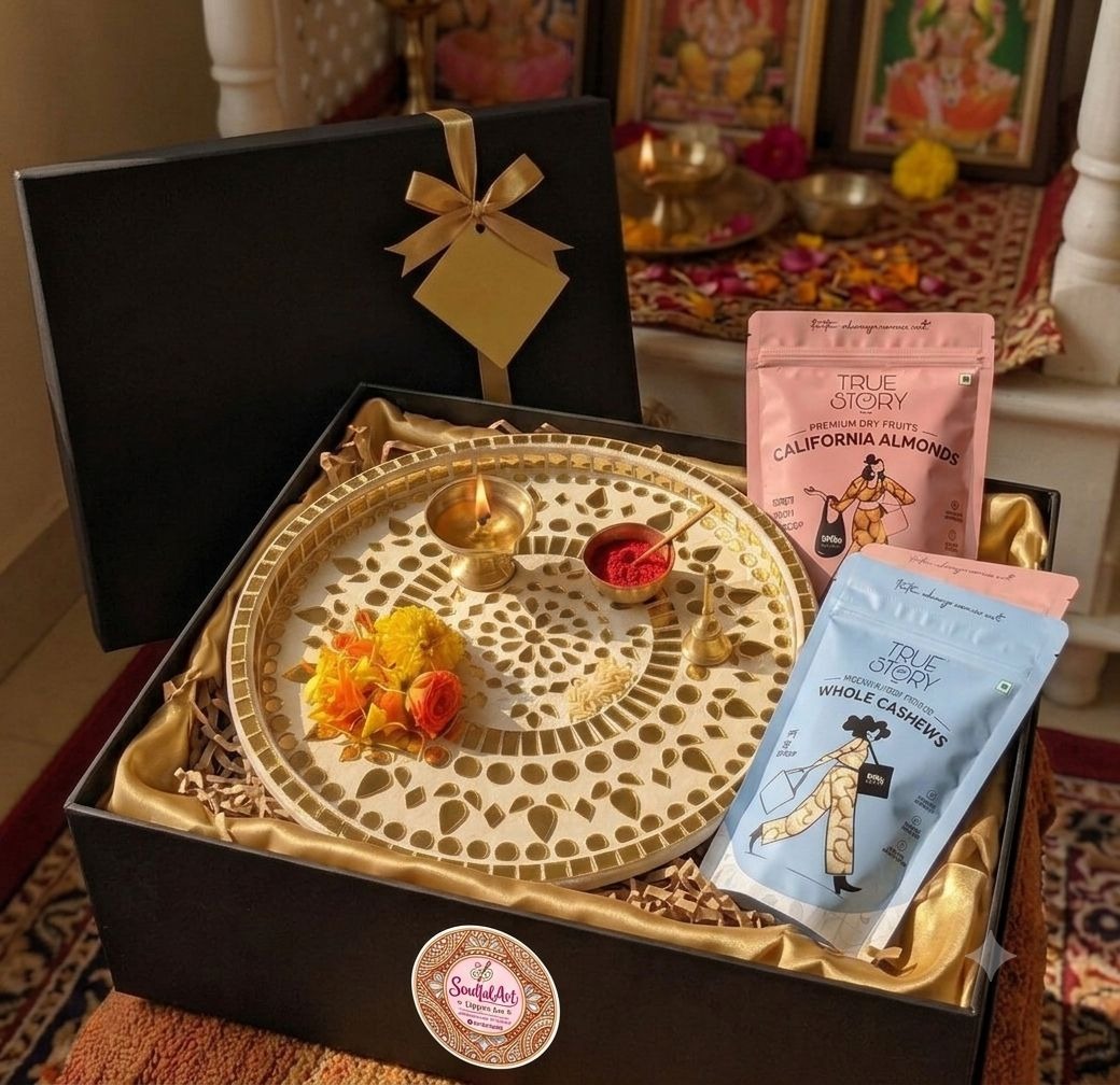 Pavithra — Lippan Thali & Dry Fruits Hamper — handmade handcrafted 10-inch lippan puja thali & 200g premium dry fruits in luxury gift box (diya not included) by Rachna Saxena