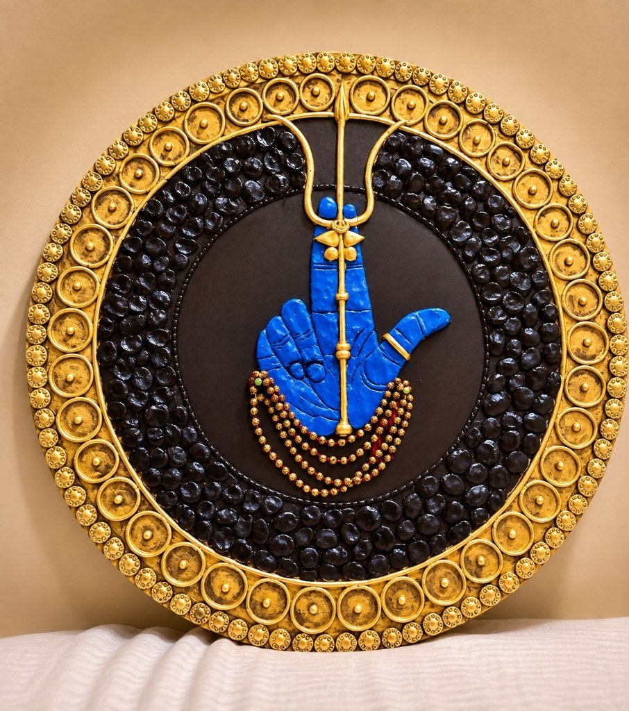 Shivam — 24-Inch Divine Shiva Trishul Relief Panel — handmade sculpted clay relief, 24k gold leaf finish, natural river stone texture, and rudraksha bead accents on circular wooden base by Rachna Saxena