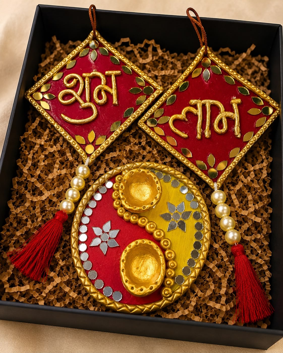 Utsav — Shubh Labh Festive Gift Pack — handmade pair of shubh labh door plaques with pearl tassels & handcrafted dual-tone mirror haldi kumkum plate by Rachna Saxena