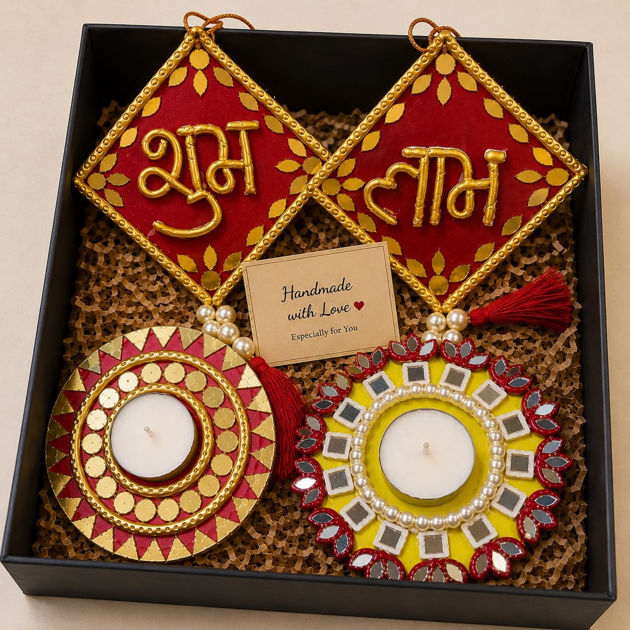 Subha Karyam — Shubh Labh Gift Box — handmade pair of shubh labh plaques with 2 handcrafted lippan tealight candle holders with candles in celebratory gift box by Rachna Saxena