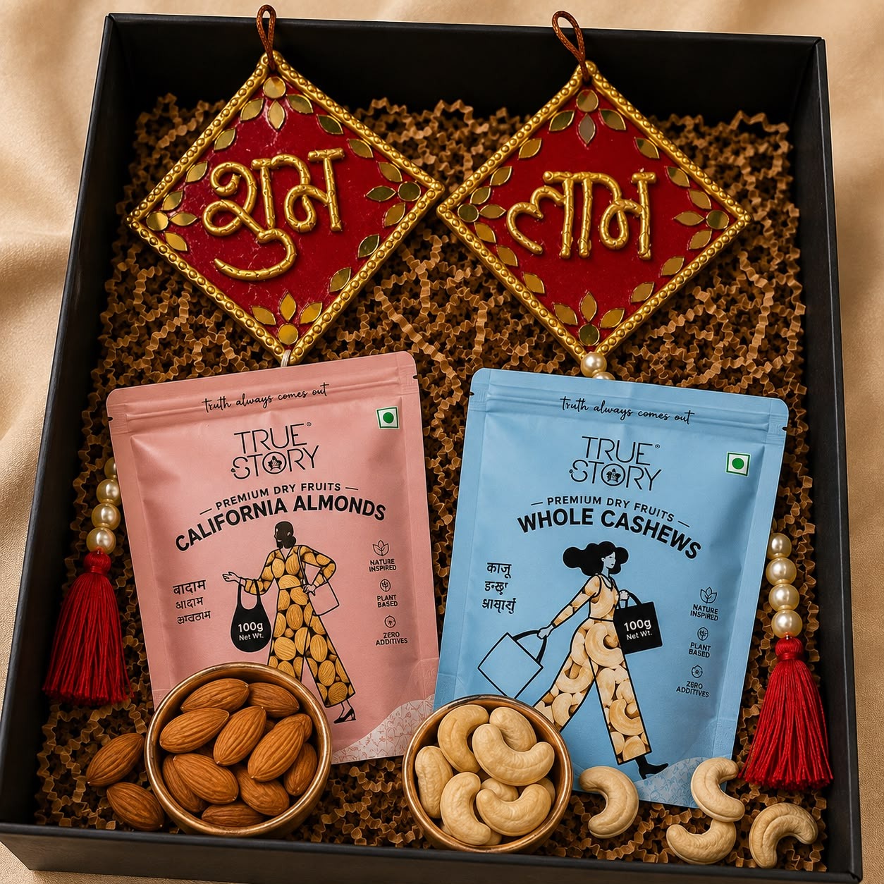 Mangal Pravesh — Shubh Labh Festive Hamper — handmade pair of shubh labh plaques with gift presentation & 200g premium dry fruits in luxury gift box by Rachna Saxena