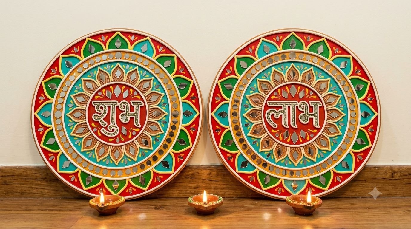 Mangalya — 6-Inch Shubh Labh Wall Medallions (Pair) — handmade pair of 6-inch circular clay relief and mirror medallions for entrance doors by Rachna Saxena