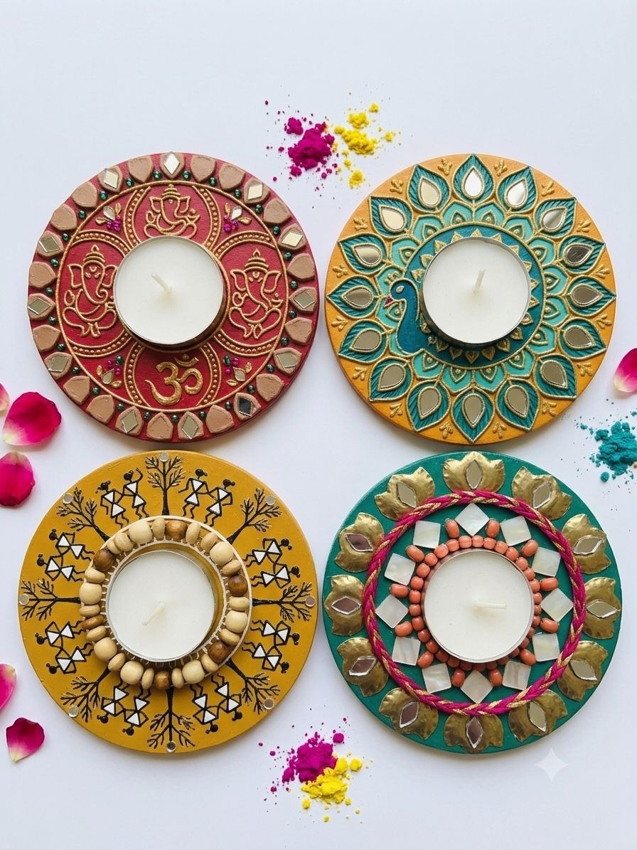 Prakash — Lippan Tealight Candle Holders (Set of 4) — handmade four individual clay and mirror tealight holders (3-inch diameter each) by Rachna Saxena