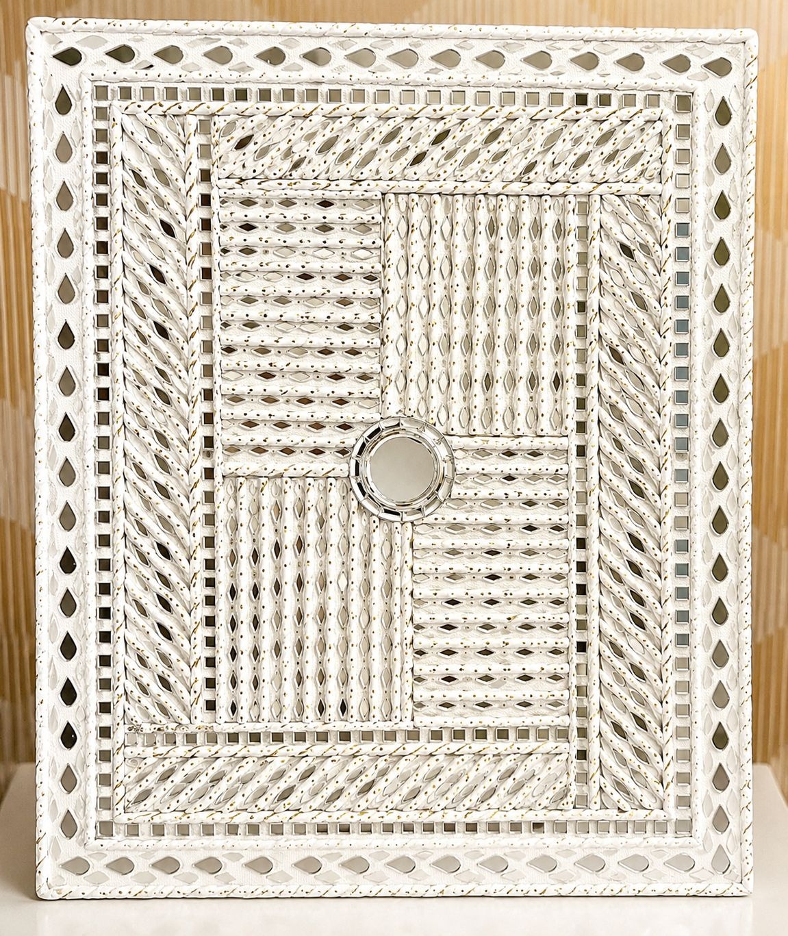 Shweta — 12x16-Inch Pure White Clay Relief Panel — handmade sculpted white clay relief, pearl mirrors on wooden substrate by Rachna Saxena